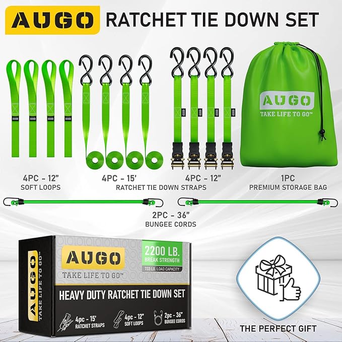 AUGO Ratchet Straps Heavy Duty 4 Pack -15 FT - 2200 LB Break Strength – Ratchet Tie Down Straps with Safety Lock S Hooks - Cargo Straps for Moving, Appliances, Motorcycle – Soft Loop Tie Down Straps