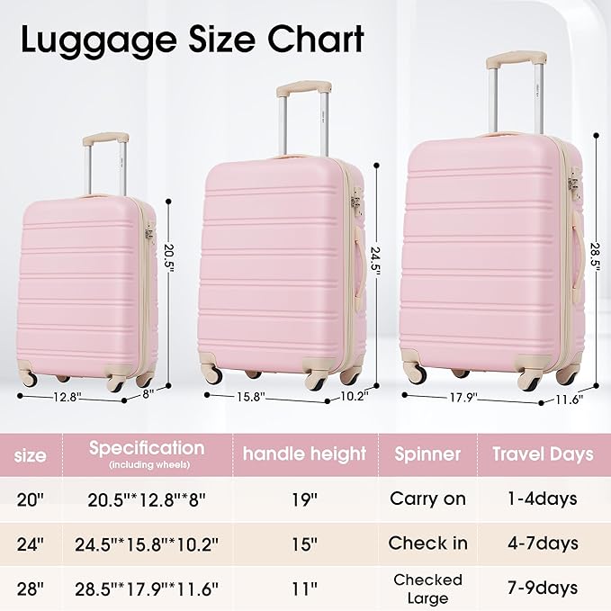 Merax 3 Piece Luggage Set,Hardside Suitcase Set,Expandable Luggage with TSA Lock,Lightweight Durable Travel Carry on Suitcase with Wheels 20+24+28 inch(White Pink)