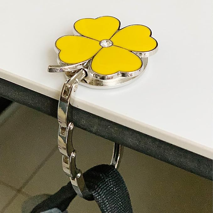 ROFLYER Four Leaf Clover Design Foldable Handbag Hanger Folding Purse Table Hook Holder (Yellow)