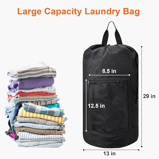 Laundry Bag Backpack Durable Laundry Bag with Shoulder Straps and Mesh Pockets Portable Laundry Dirty Clothes Hamper Bag for College Dorm (Black)