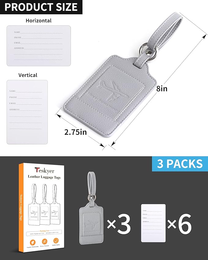 3 Pack Luggage Tags - Quick Install, Privacy Protection, Airplane Travel Essentials for Suitcases, Durable Leather - Lichee Grey