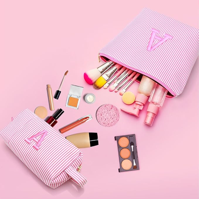 Personalized Initial Makeup Bag,Toiletry Travel Cosmetic Bag,Trendy Stuff for Teen Girls and Women,Holiday & Birthday Gift,2 Pack (K, Pink)