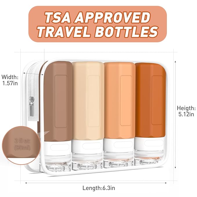 Redfly Travel Bottles for Toiletries, Tsa Approved 3oz Travel Size Containers, Leak Proof Travel Size Toiletries Bottles Silicone, BPA Free Refillable Essentials for Shampoo Conditioners, Apricot