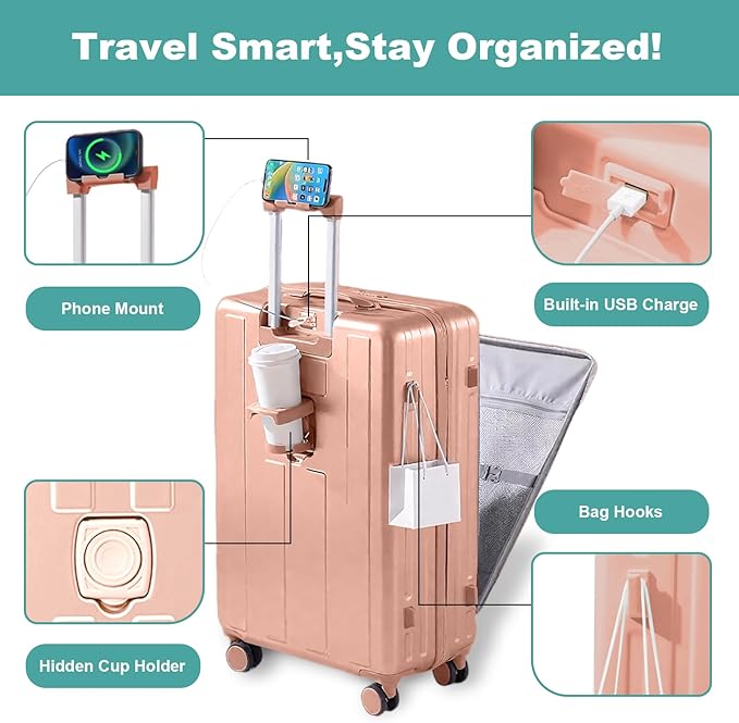Gets Carry on Luggage Airline Approved,20 Inch Abs+Pc Hardshell Spinner Luggage With Cup Phone Holder and USB Charger,Front Pocket Durable Suitcase for Women Men-Pink