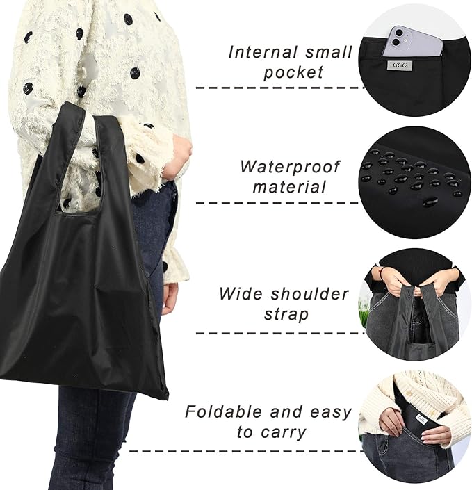 Large Reusable Bags Shopping Washable Foldable 6 Pack Grocery Bags Heavy Duty Lightweight Folding Gift Tote Bags Durable Polyester Black