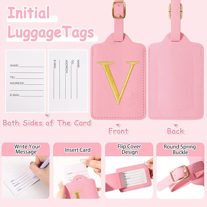 Unique Initial Letter Luggage Tags for Suitcases, Monogrammed Suitcase Luggage Identifier Tag,PU Leather TSA Approved Luggage Tags,Bag Tags for Men Women Kids Luggage Baggage(Pink V)