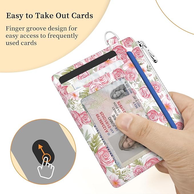 Hancynir Slim Wallet Women Credit Card Holder Rose Flower Floral RFID Blocking Small Cute Card Wallets Mini Front Pocket PU Leather Card Case Thin Travel Zipper Coin Cash Ladies Female Wallet Gifts