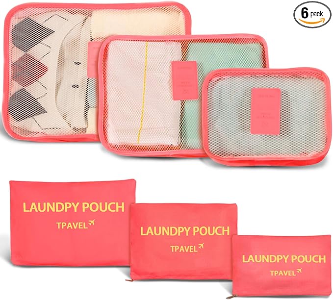 6 Set Packing Cubes for Travel Luggage Packing Bags Reusable Waterproof Suitcase Organizer Bags Set with Shoe Bag and Toiletry Bag (Watermelon Red‌)