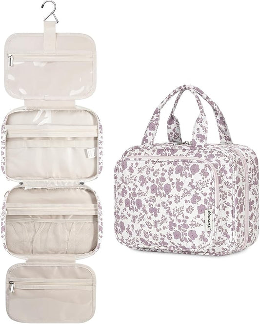 Narwey Hanging Floral Toiletry Bag for Women Travel Makeup Bag Organizer Toiletries Bag for Travel Size Essentials Accessories Cosmetics (Dusty Pink Flower (Medium))