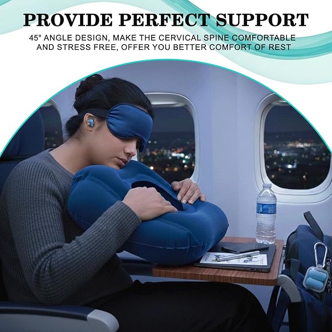 Inflatable Travel Pillows for Airplane, Blow Up Neck Pillow for Sleeping for Long Flight Support Neck,Head & Shoulder, Used for Travelling Car/Airplane/Office Nap-Comes with Eye Mask and Earplugs_Blue