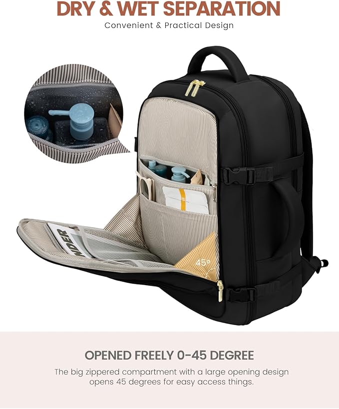 LOVEVOOK Carry on Backpack, 50L Large Travel Backpack For Airplanes, TSA Personal Item Travel Bag, Waterproof Daypack Fits 18 Inch Laptop, Business Weekender Overnight With 3 Packing Cubes, Black