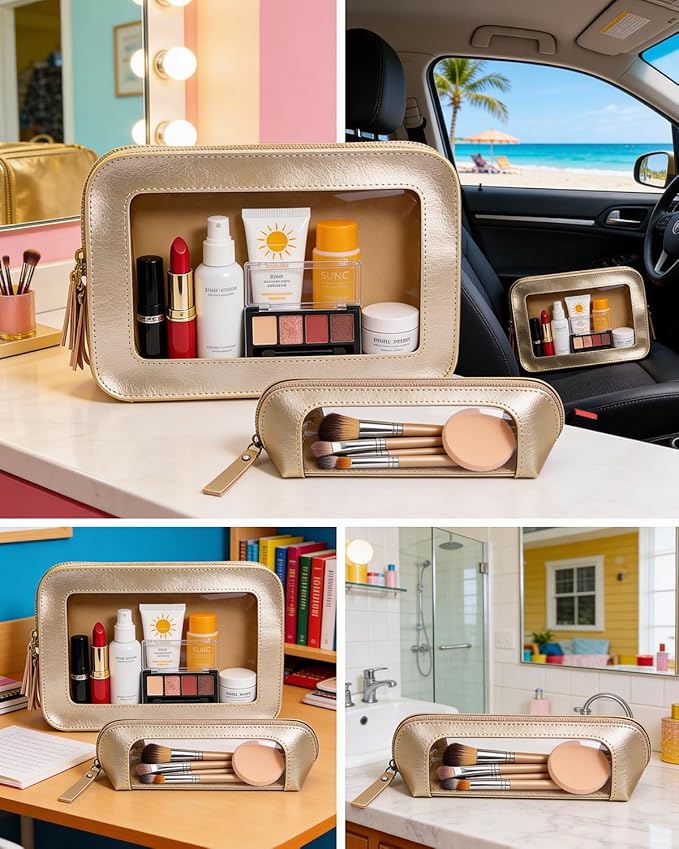 LETGO 2Pack Clear Makeup Bags, Makeup Pouch for Purse Slim Make Up Brush Bag for Girls Car Accessories Essentials for Women(2Pack-Gold Set)