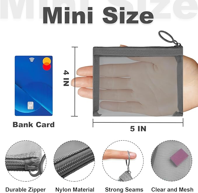 Mini Mesh Pouches (4 Pack), Small Mesh Bags with Zipper Nylon Makeup Pouches Bag Cosmetic Pouch Travel Purse Organizer Insert Diaper Inside Bag Organizers Home Organizing Size See Through Cute Gray