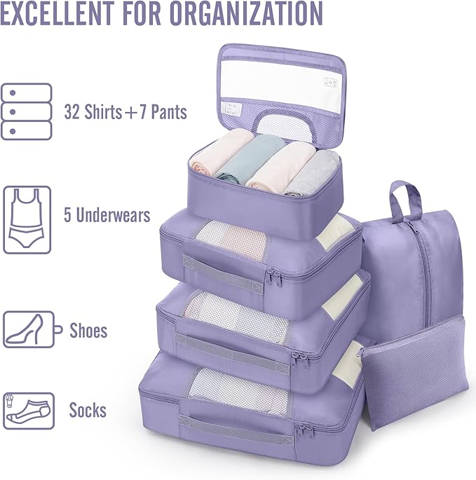 Veken 8 Set Packing Cubes for Travel Essentials, Suitcase Organizer Bags in 4 Sizes, Carry-On Luggage Accessories with Large Laundry & Hanging Toiletry Bag, Must-Have for Airplane, Road Trip & Camping