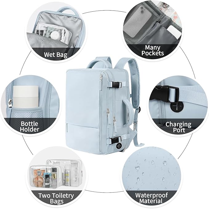 Beraliy 29L Travel Backpack Women, Airline Approved Backpack, Carry On luggage, 17.3 inch Laptop Backpack, Waterproof Business Hiking Weekend Bag, Light-blue