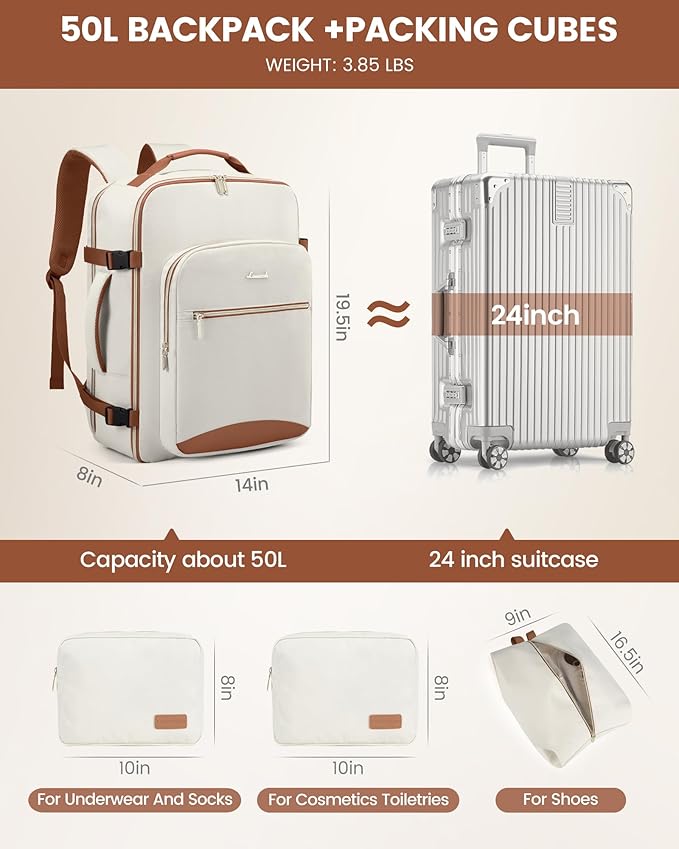 LOVEVOOK Travel Backpack for Women & Men 50L,Airline Approved Carry On Backpack Travel Essentials,TSA Carry on Luggage,Waterproof Personal Item Travel Bag,Suitcase with 3 Packing Cubes, Beige-Brown