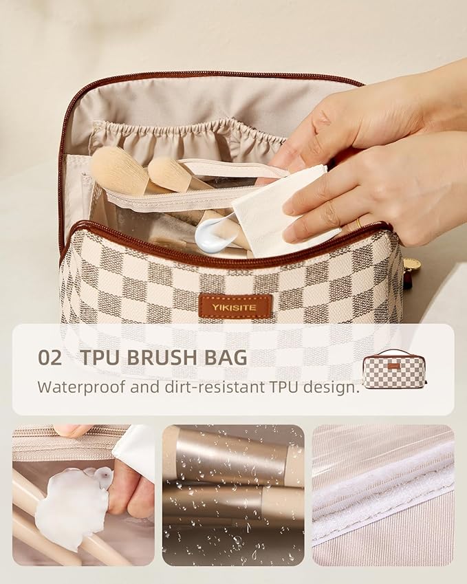 Cosmetic Bag Travel Makeup Bag, Open Flat Makeup Bags for Women, Waterproof Portable Pouch Toiletry Bag Make up Organizer with Divider and Handle Travel Essentials（A-brown Medium）