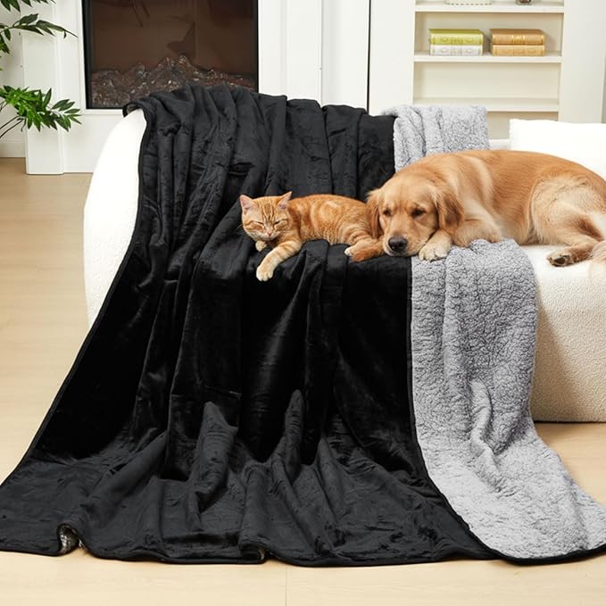 Tisancy King Size Waterproof Blanket for Bed Couch, 82'' x 82'' Double Side Leakproof Reversible Sherpa Flannel Fleece 3-Layer Lightweight Blanket, Absorbs 80oz(Black/Gray), Machine Washable