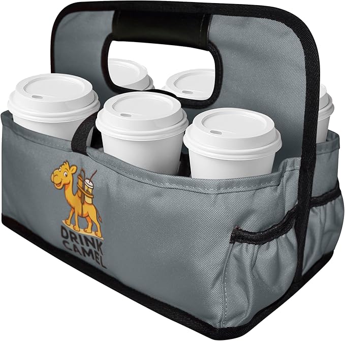 Reusable Drink Carrier with Handle, Foldable 6 Cup Drink Holder Carrier for Delivery, Coffee Cup Carrier, Portable Cup Holder Bag for Drinks, to Go Beverage Drink Organizer (Grey)