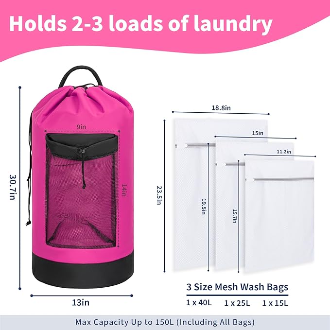 150L Laundry Bag Backpack with 3 Sizes Mesh Wash Bags and Shoulder Straps Foldable Clothes Hamper Bag with Drawstring Closure for College, Apartment, Laundromat (Hot Pink)