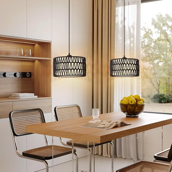 Plug in Pendant Light, Rattan Hanging Lights with Plug in Cord | Woven & Fabric 2 in 1 LampShade, Hanging Lamp Plug in for Bedroom Living Room Kitchen Island-Black (Bulb Included)