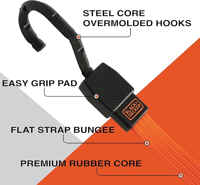 Black+Decker BDX1012-32PK Black/Orange 48" Flat Bungee Cord Straps, 32 Pack