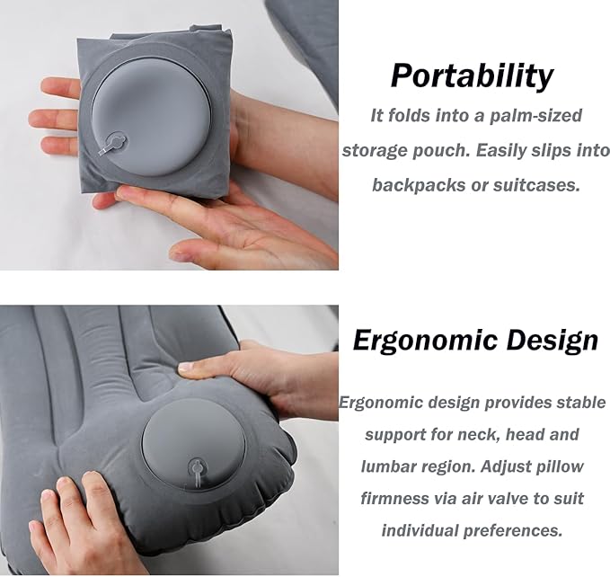 Alovexiong Inflatable Camping Pillow - Ultralight Travel Air Pillows for Neck Lumbar Support, Press-to-Inflate Design, Blow Up Pillow for Camping, Hiking, Backpacking (Grey)
