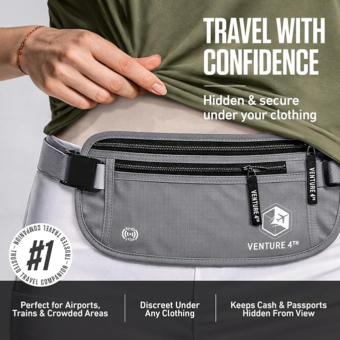 VENTURE 4TH Money Belt for Travel – Hidden Under-Clothes RFID Blocking Passport Holder & Slim Travel Wallet Pouch for Men & Women to Protect Cash, Cards & Documents (Silver)