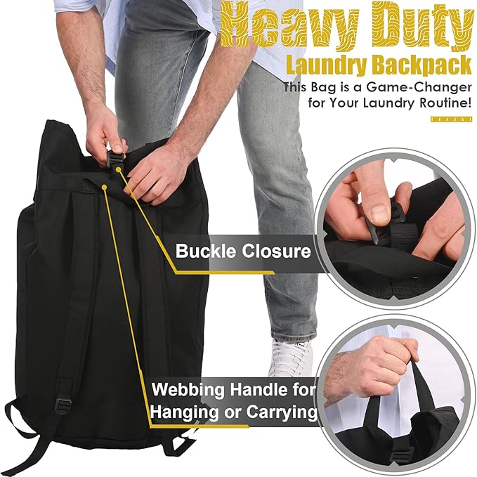 Backpack Laundry Bag, 115L Heavy Duty Extra Large College Laundry Backpack, Dirty Clothes Bag with Shoulder Straps, Laundry Hamper Bag with Drawstring Closure for College Dorm, Apartment Black