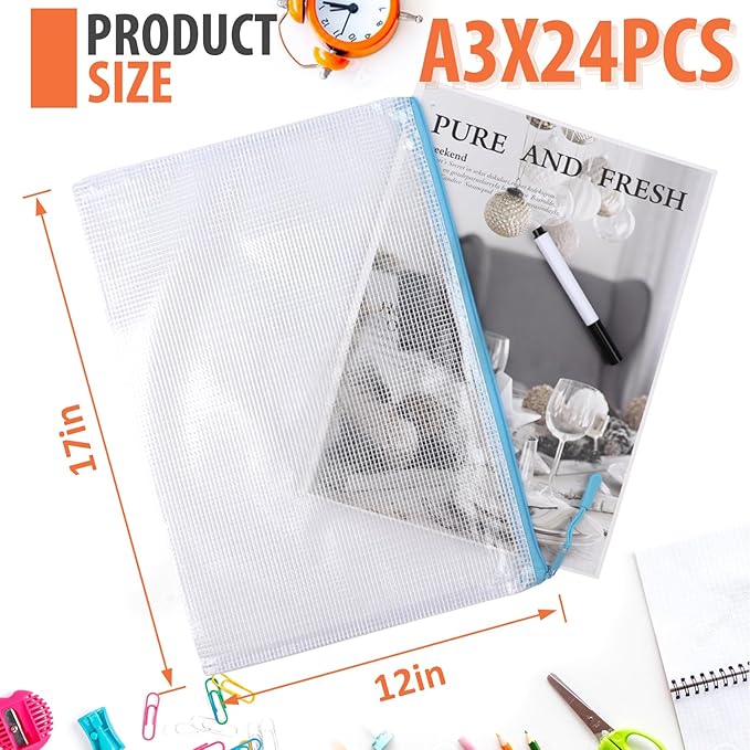 24pcs Mesh Zipper Pouch, Puzzle Storage Bags, A3 17x12 Inches Large Reusable Zipper Pouches for for Classroom Office Supplies Organizing, Extra Large Zipper Bags, Board Game Storage