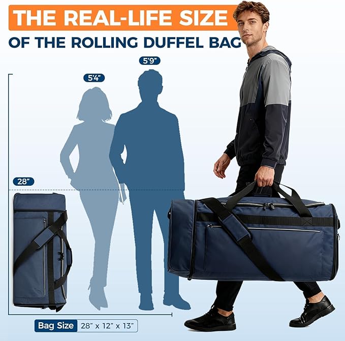 80L Foldable Rolling Duffle Bag with Wheels, 28” Large Duffle Bag for Travel, Carry On Luggage Duffel Bag for Traveling/Camping/Moving, Water Resistant, Blue