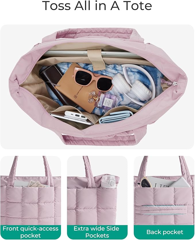 BAGSMART Expandable Tote Bag for Women, Puffer Work Tote Handbag, Quilted Carry On Bag for Travel Gym