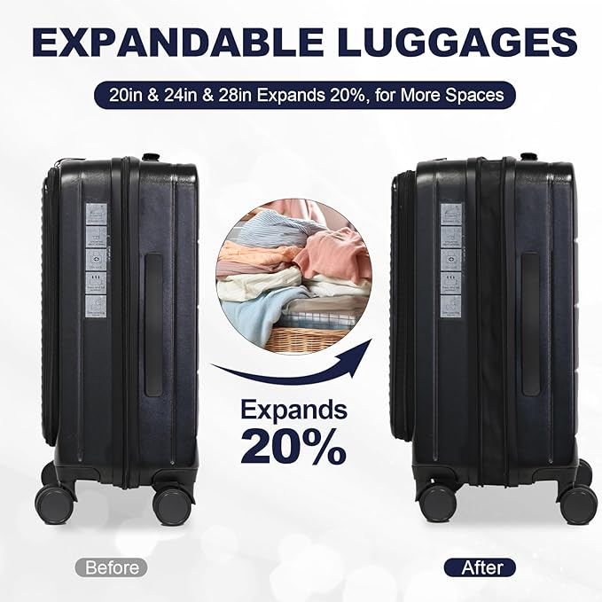 Merax Luggage Sets 3 Piece,Front Open PC Hardshell Expandable Carry on Suitcase with Spinner Wheels and TSA Lock,Lightweight 20in/24in/28in Luggage,Cement Grey