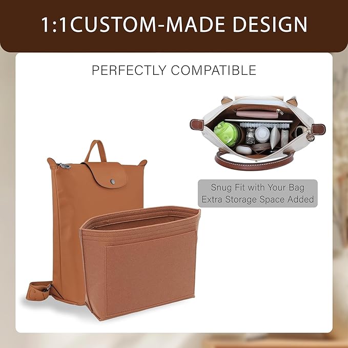 Premium Felt Purse Organizer Insert for Longchamp Le Pliage, Zipper Long Champ Bag Organizer Insert with Cup Holder, 8 Compartments