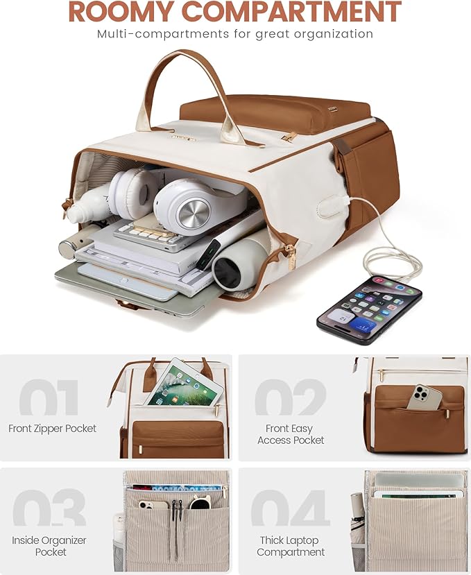 LOVEOVOOK 15.6 Inch Laptop Backpack for Women, Large Capacity Travel Backpack with USB Charging Port, Waterproof Work Backpack for Business, College, Nursing & Airline Travel,Brown White