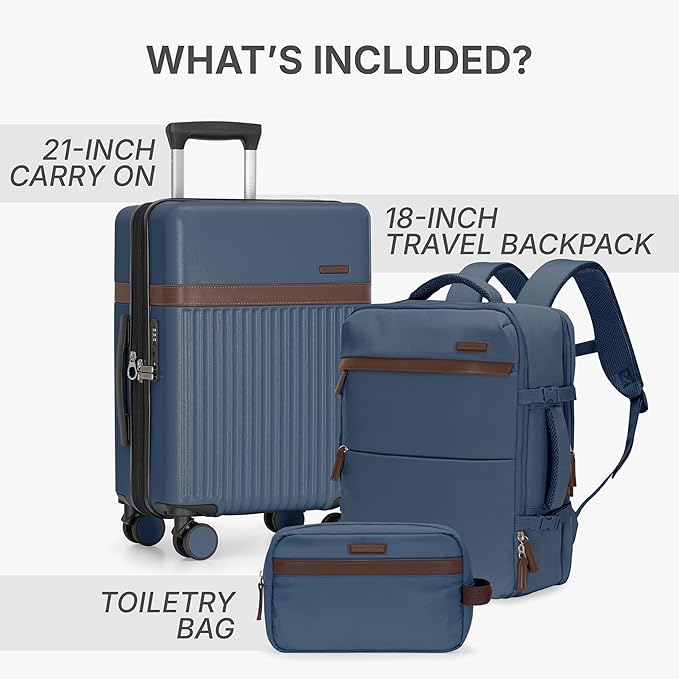 U.S. Traveler Vista Way 3-Piece Travel Set, 21-Inch Carry-on Hardside with TSA Lock, 18-Inch Travel Backpack with Laptop Sleeve, Toiletry Bag, Navy