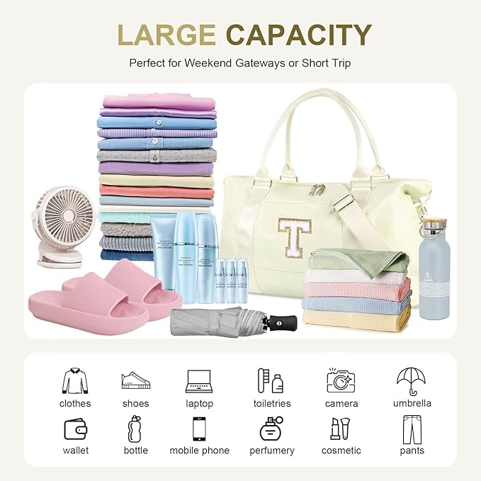 Dance Gym Duffel Bag for Teen Girls, Personalized Initial Travel Weekender Bag,Cute Overnight Carry On Duffle for Women,Sports Travel Cheer Bag,Monogram Christmas Gifts for Tween Preppy(beige-T)
