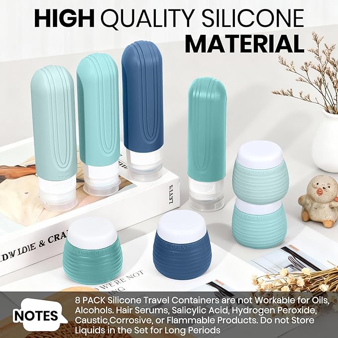 Travel Bottles for Toiletries 8 Pack, TSA Approved Travel Size Toiletries Containers Set, 4 Silicone Leak Proof Refillable Bottles and 4 Creams Jars Accessories Kit W/Clear Bag (GREEN)