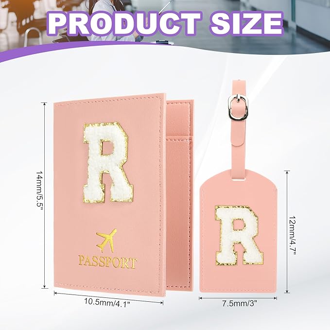 PATIKIL Passport Holder for Travel, Initial Passport Cover and Luggage Tag Set with Alphabet Chenille Letter Patch Travel Wallet Bag Suitcase Identifier for Women Family Travel Pink R