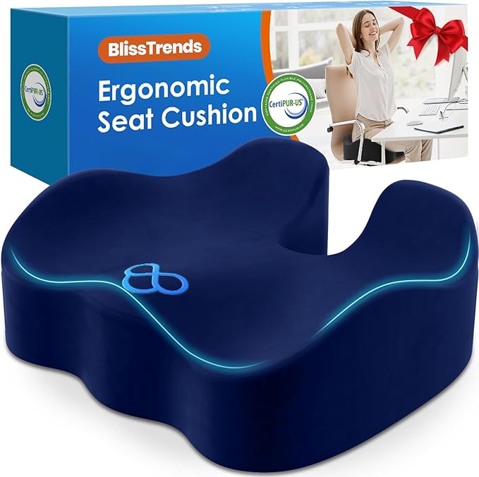 BlissTrends Seat Cushion,5.2in Thick Memory Foam Cushions for Office Chair, Car Seat, Airplane, Relieving Pressure Tailbone Sciatica Back Pain for Long Sitting Office Workers, Car Drivers Blue