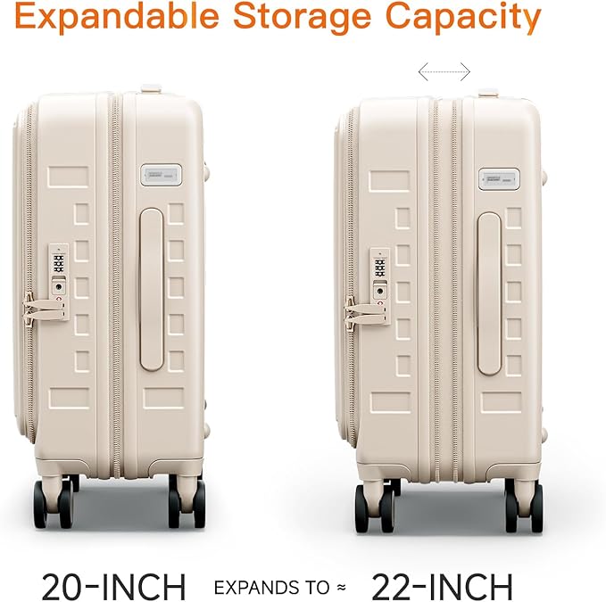 Expandable Lightweight PC Hard Shell Suitcase, 20-inch Carry On Luggage with TSA Lock, 360 Silent Spinner Wheels, Top Opening & Cup Holder - Ideal for Business Travel Suitcase (Ivory)