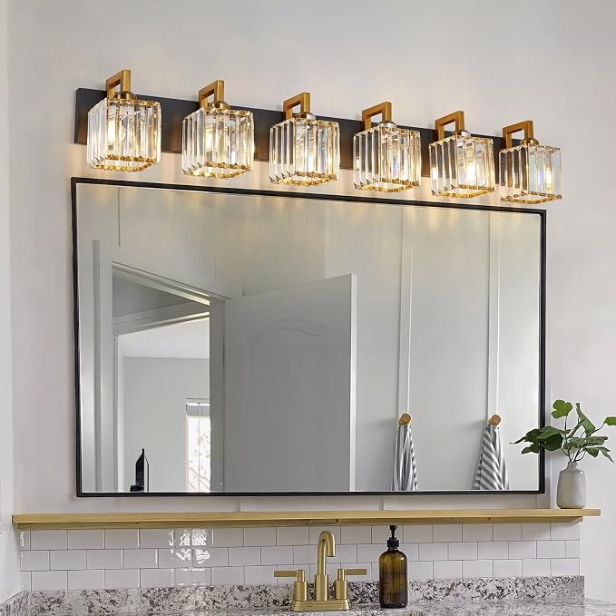 Modern Bathroom Vanity Light 6-Lights Black Gold Crystal Wall Lamp Bathroom Modern Crystal Vanity Lighting