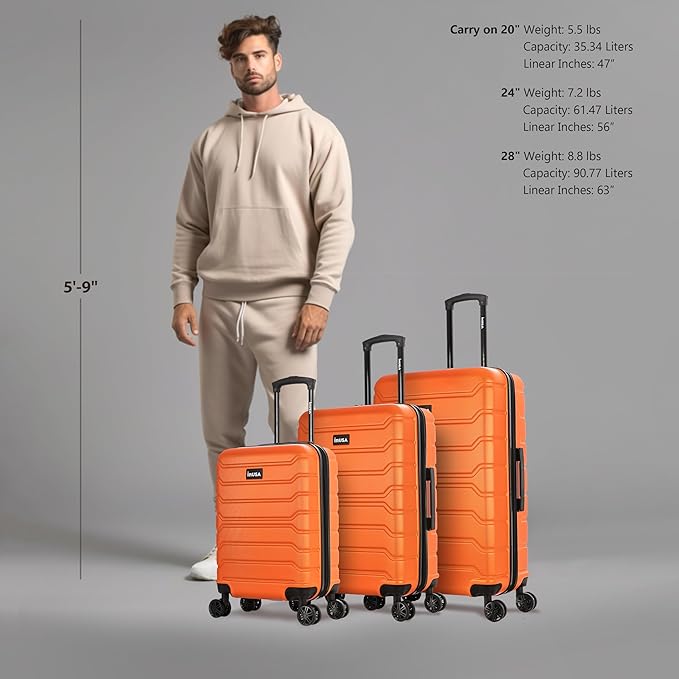 InUSA TREND Luggage with Spinner Wheels | Durable Lightweight Hardshell Suitcase,Travel sets with Handle and Trolley | (20in, 24in, 28in) 3 Piece Set | Orange