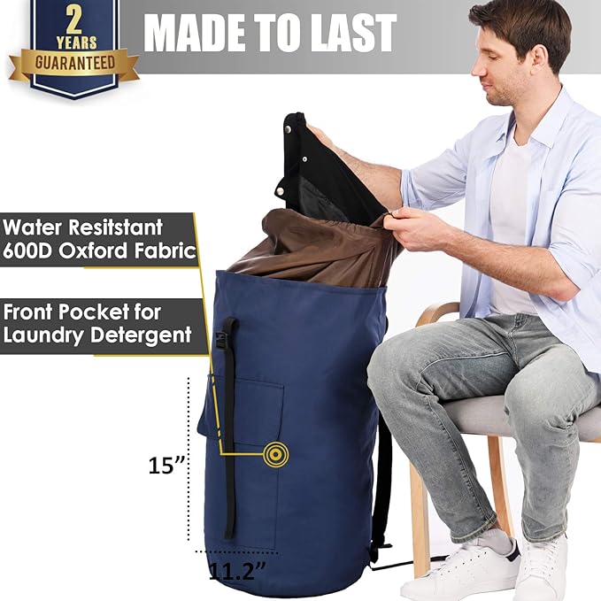 Backpack Laundry Bag, 115L Heavy Duty Extra Large College Laundry Backpack, Dirty Clothes Bag with Shoulder Straps, Laundry Hamper Bag with Drawstring Closure for College Dorm, Apartment Dark blue