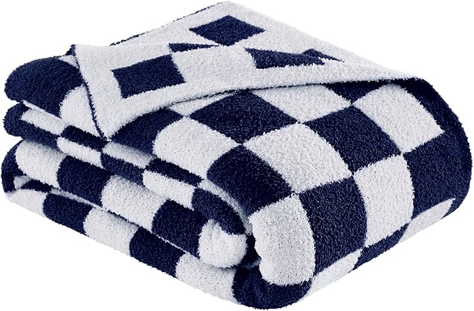 Checkered Throw Blanket, Dark Blue Soft Cozy Fluffy Knitted Throw Blankets for Couch, Sofa, Bed, Chair, Warm Fuzzy Travel Picnic Lightweight Plaid Blanket, 50x70 inches
