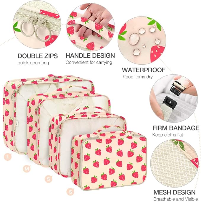 8 Set Packing Cubes for Suitcases,Packing Cube with Shoe, Cosmetics, Clothing, and Accessories Bags Packing Cubes for Travel Luggage Organizer Women Men(8 Set Strawberry)