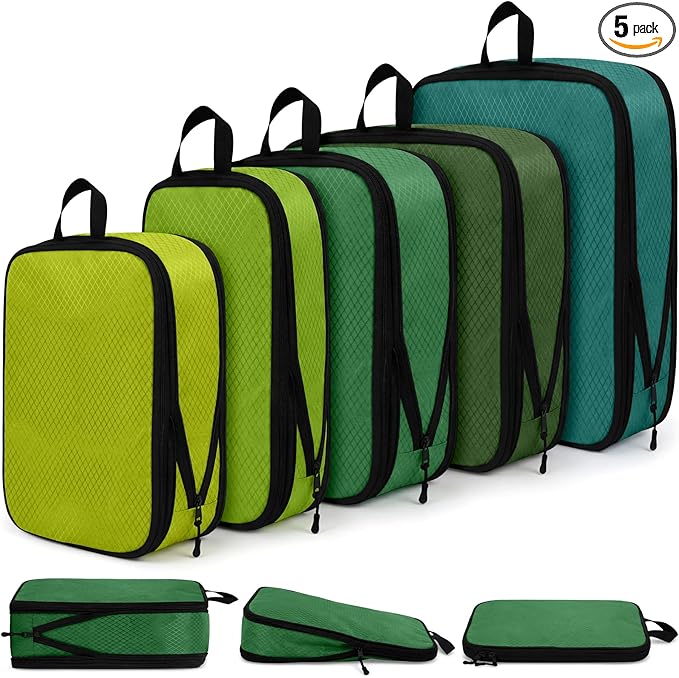 5 Pack Compression Packing Cubes for Travel Space Saving Cubes Luggage Organizer for Suitcase(Green,Mixed)