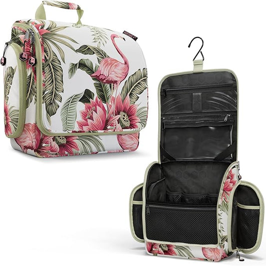 VENTURE 4TH Hanging Travel Toiletry Bag for Women & Men – Large Toiletry Organizer with 17 Compartments, Removable TSA Pouch, Travel Wash Bag for Toiletries, Makeup & Shaving Kit (Pink Flamingo)