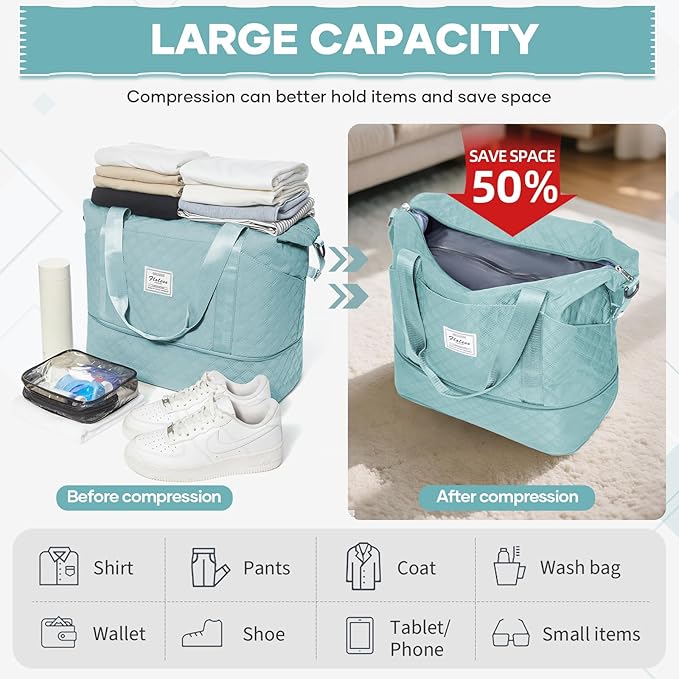 Vacuum Travel Bags with Pump, Large Duffle Bag Personal Item 18x14x8 Inches, Expandable Weekender Bags Women Men, Overnight Carry on Bag for Airplanes, Traveling, Trips, Sport, Hospital - Blue