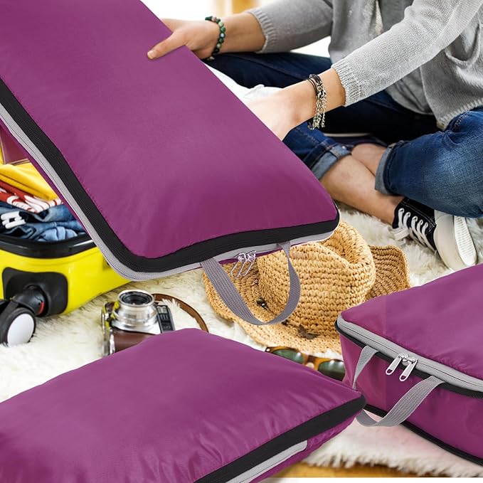 Hosuly 6 Pcs Ultralight Compression Packing Cubes for Travel 17.3 x 12.6'' XL Large Expandable Luggage Organizers for Save Space Family Long Trips (Purple)